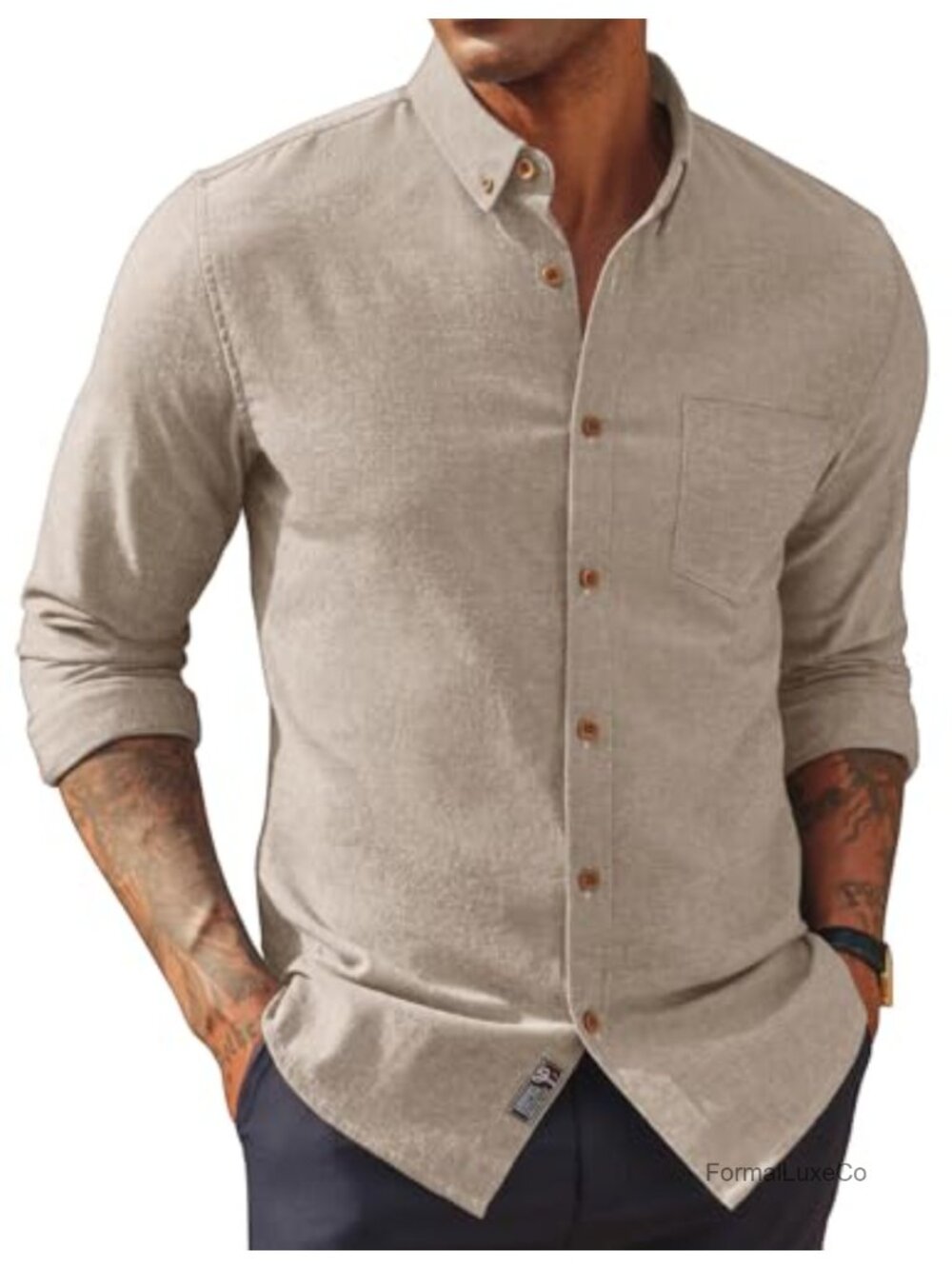 Mens Linen Button Down Long Sleeve Classic Fit Business Casual Shirt